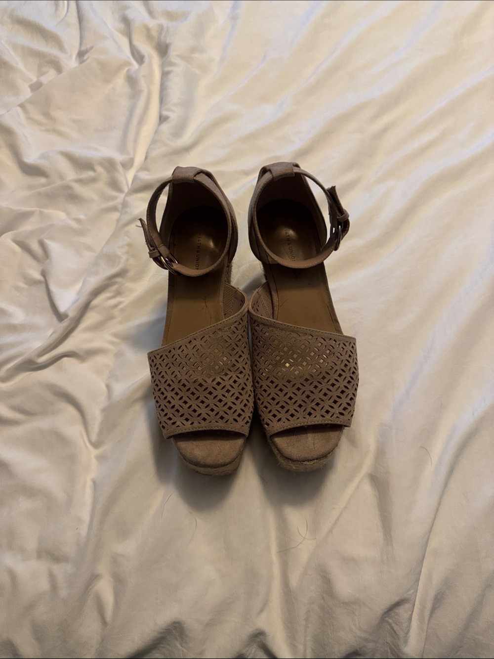14th & Union Taupe Laser-Cut Ankle-Strap Wedges